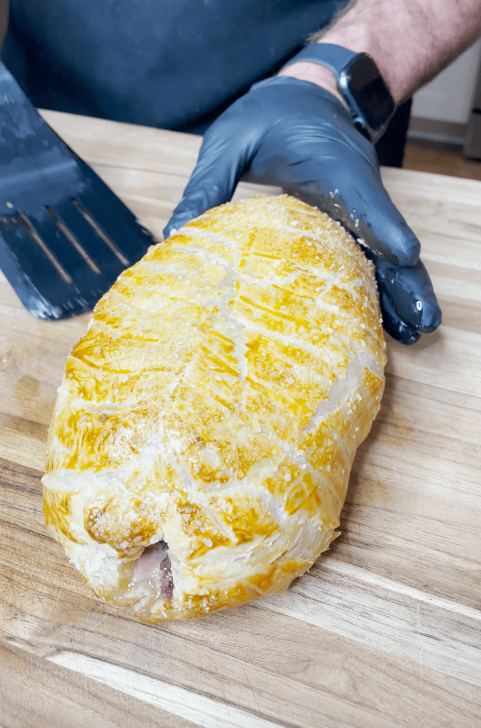 A golden baked beef Wellington.