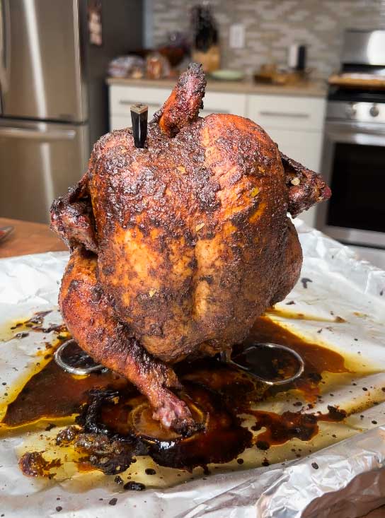 An upright beer can chicken.