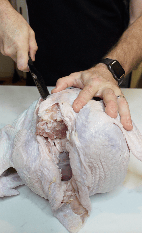 Turkey being cut in half.