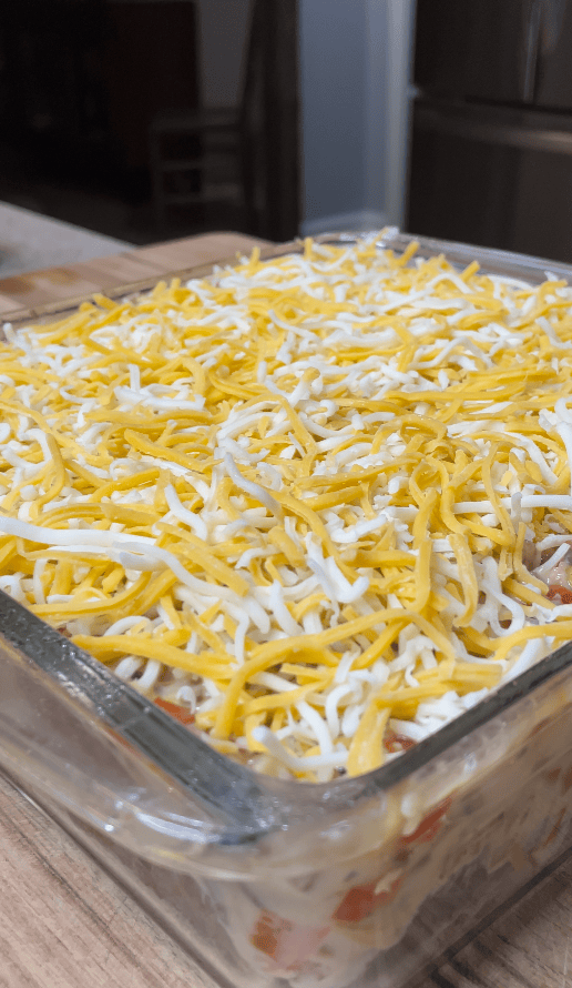 Cheese on top of a casserole.