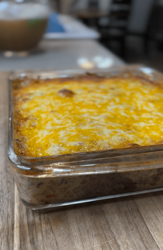 Hamburger potato casserole in a baking dish.
