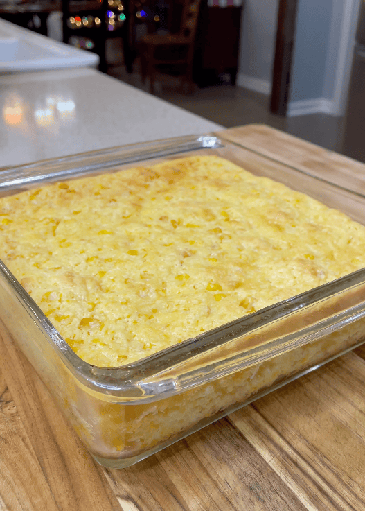 Corn casserole in a baking dish.