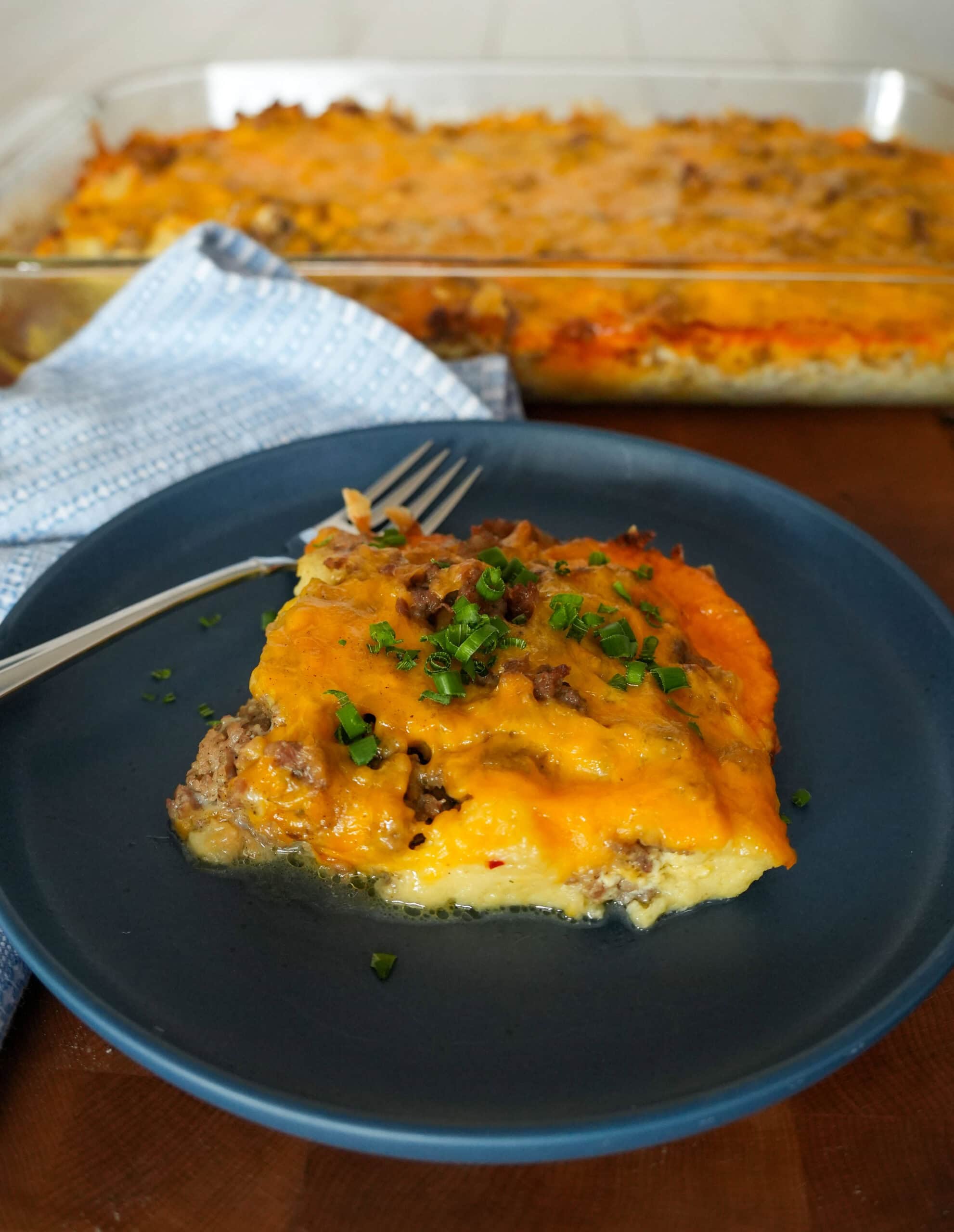 Sausage casserole with chives and cheese.