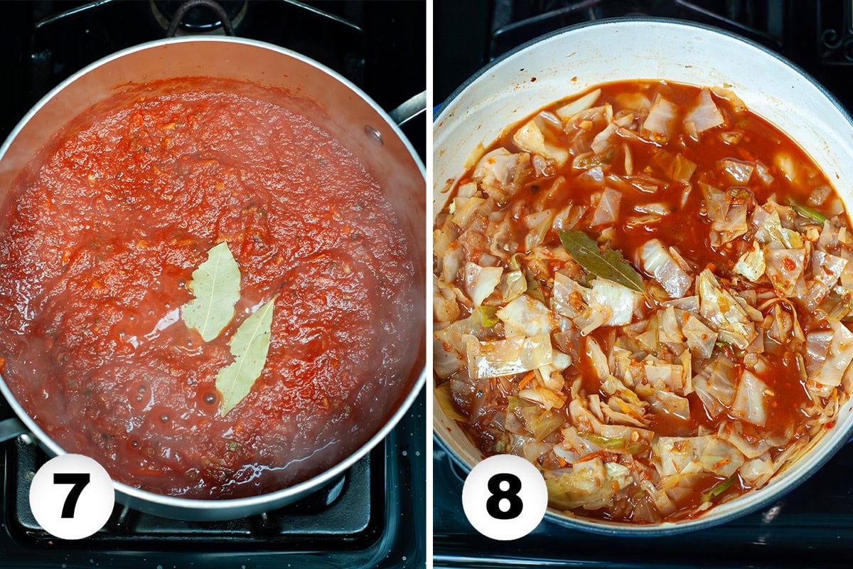 Marinara cooking in a pot with cabbage.