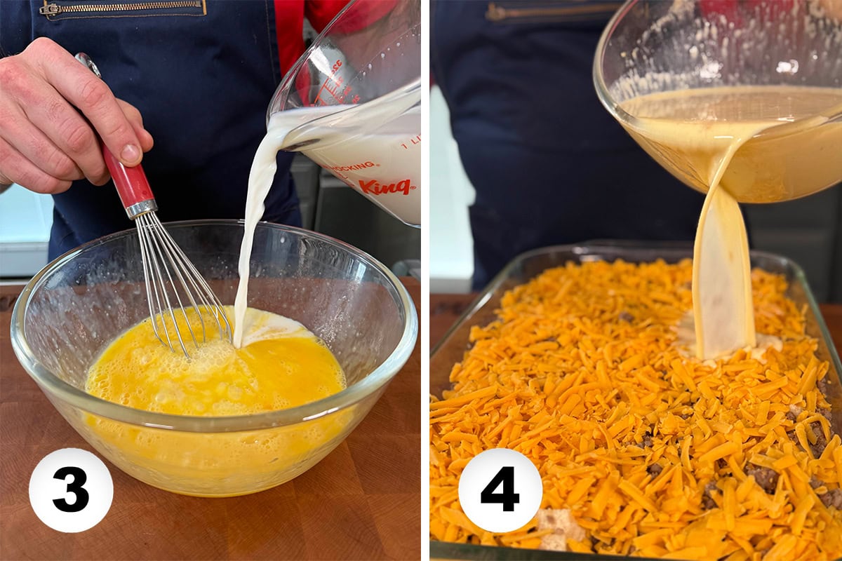 Milk pouring into scrambled eggs and then being layered in a casserole dish.