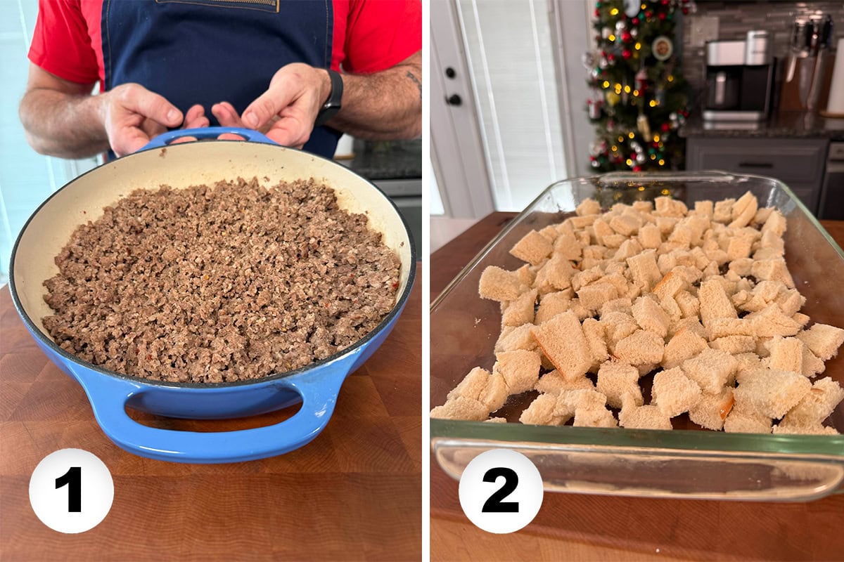 Browned sausage and chopped up bread pieces.