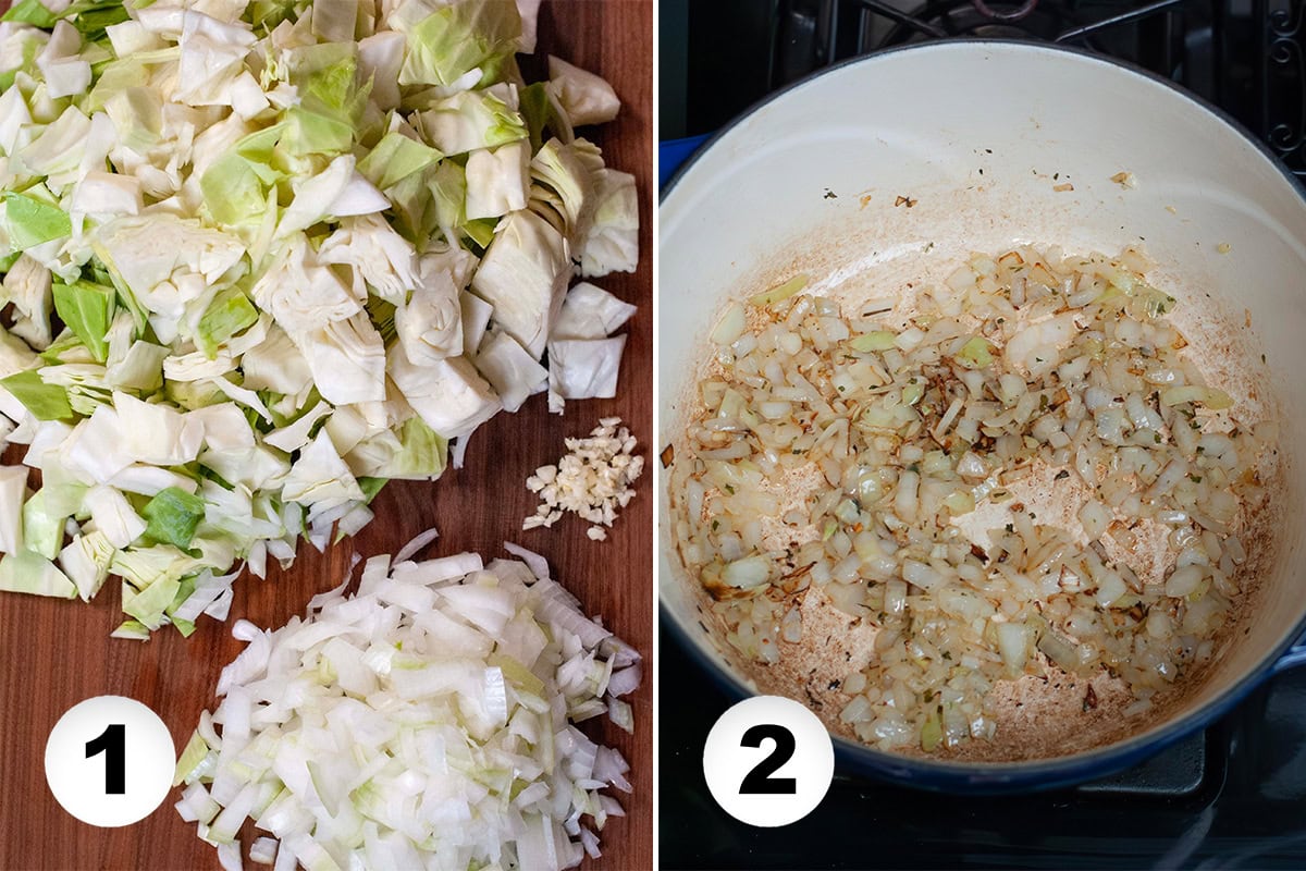 Chopped cabbage on a cutting board next to a pot of sautéed onions.