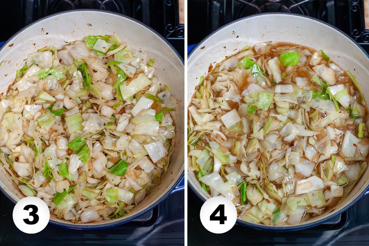 Cabbage cooking in a dutch oven with water.