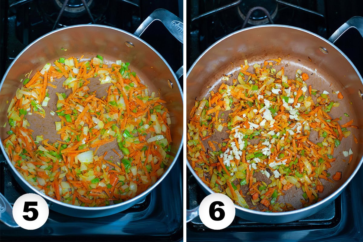 Sautéed carrots, celery and onion in a pot.