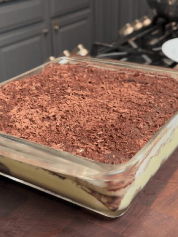 Tiramisu in a baking dish.