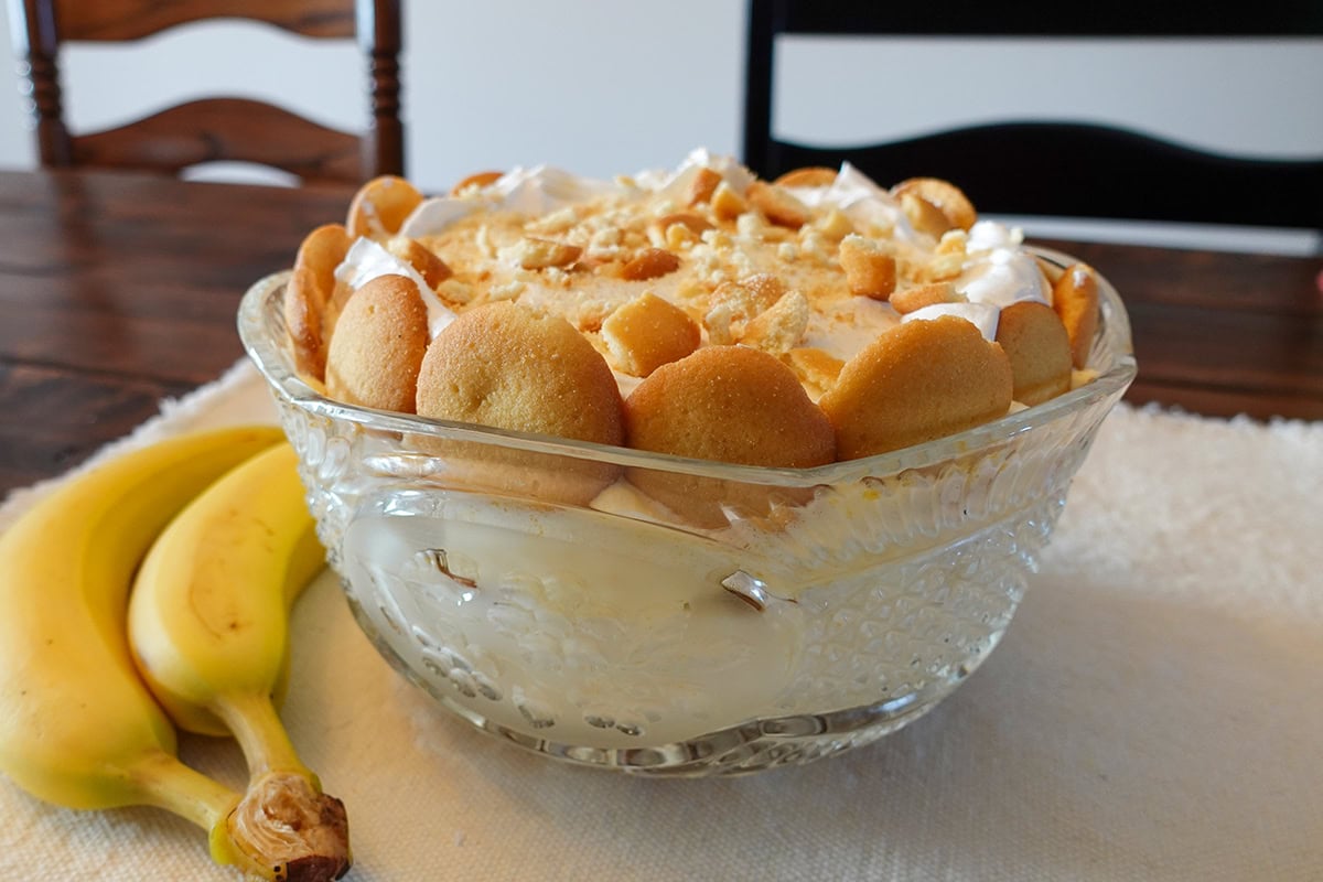 No bake banana pudding in a glass dish.