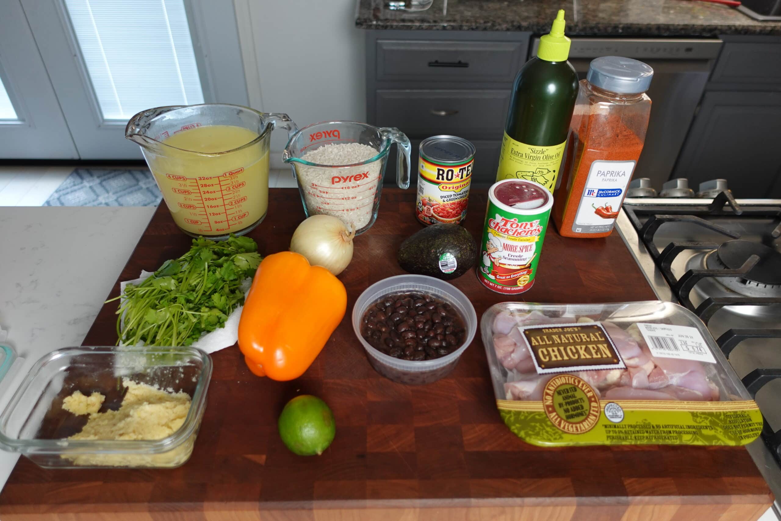 Ingredients for one pot cajun chicken and rice.