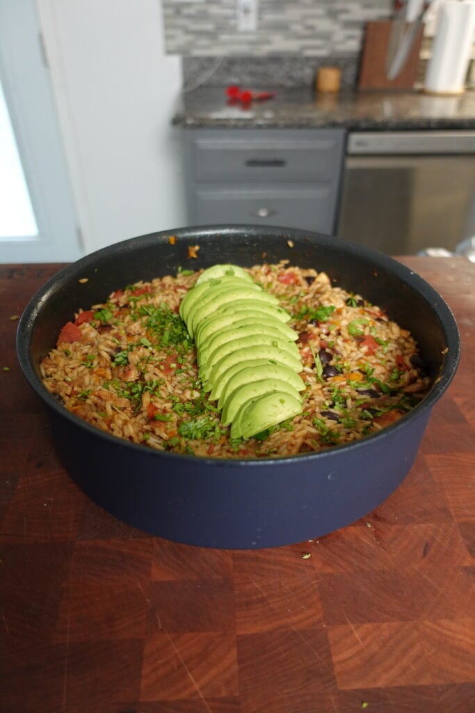 A pot of one pot cajun chicken and rice.