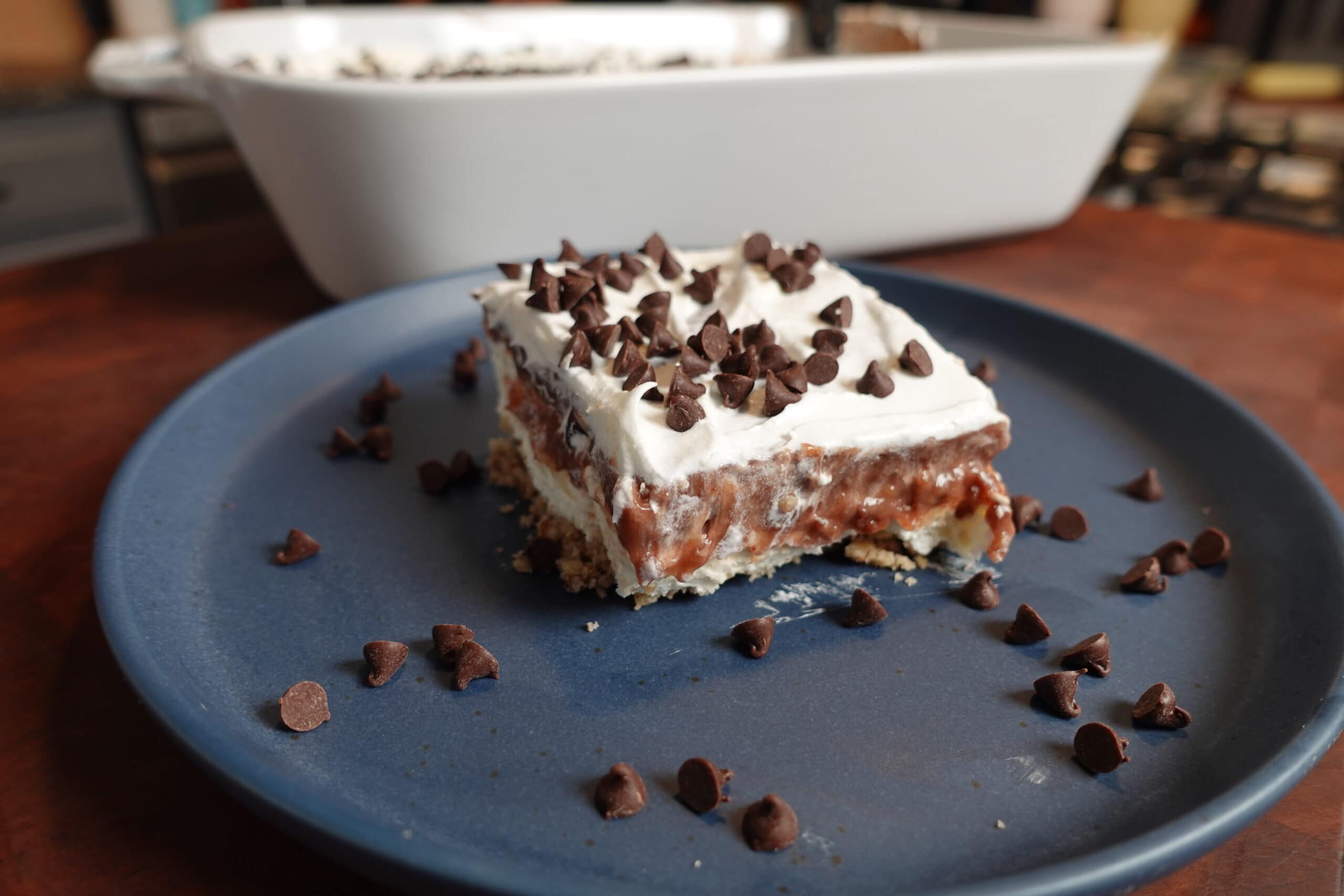 A chocolate dessert with chocolate chips.