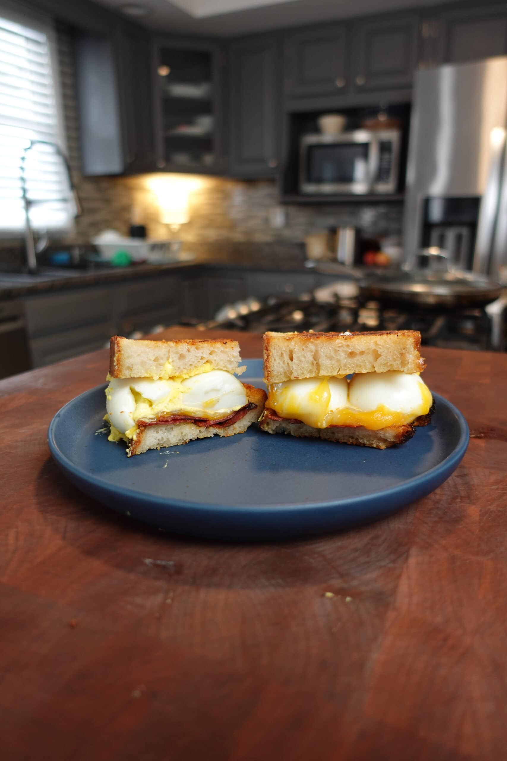 A grilled cheese with deviled eggs.