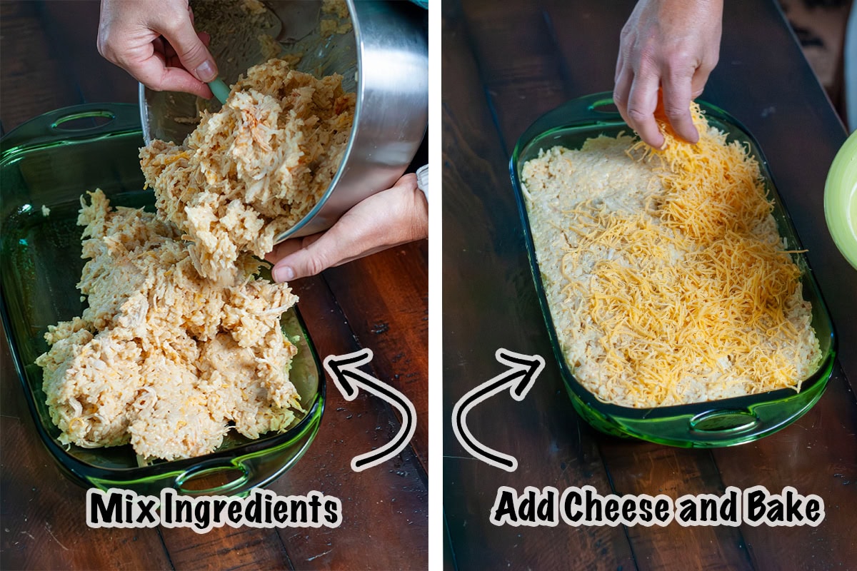 A mixture of chicken going into baking dish and being topped with cheese.