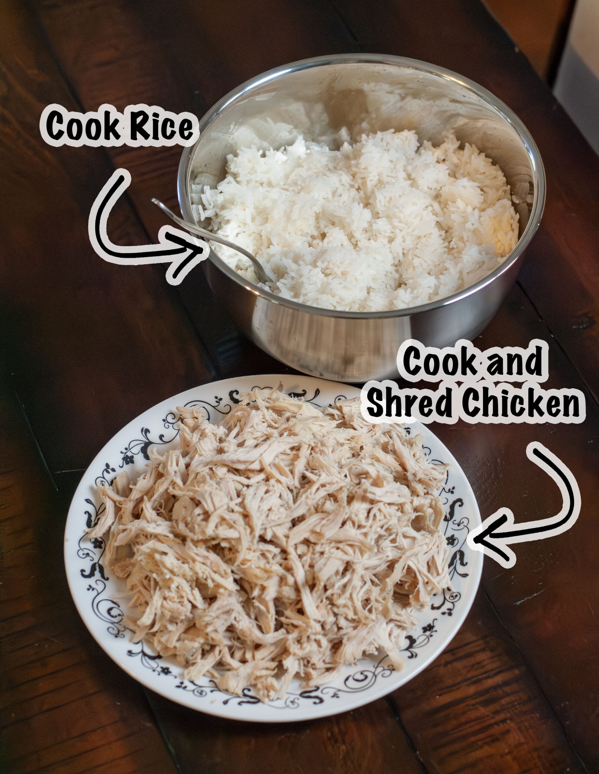 A bowl of cooked rice and a plate of cooked shredded chicken.