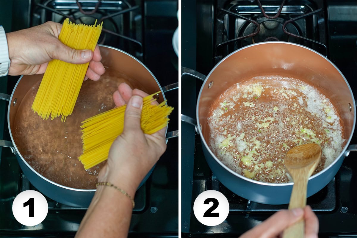 Noodles going into boiling water next to a pot with garlic and butter.