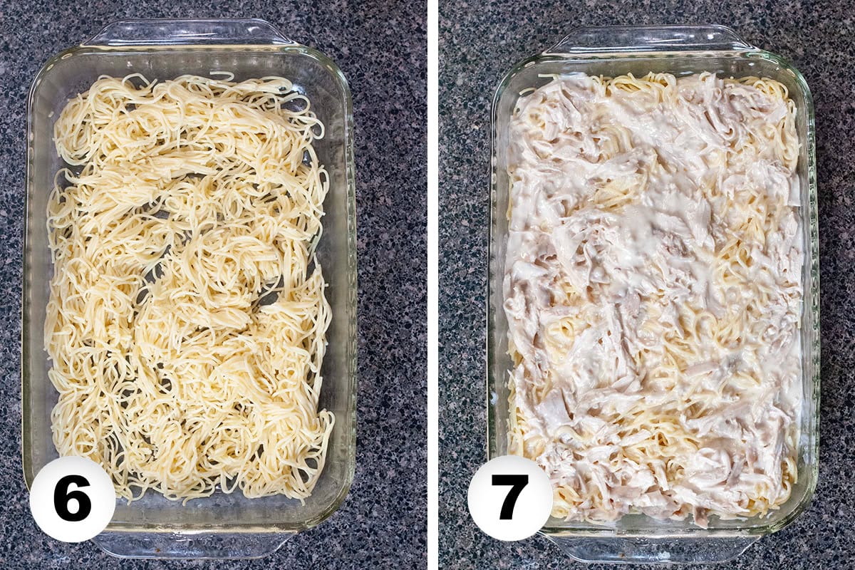 Noodles on the bottom of a baking dish topped with a creamy chicken sauce.