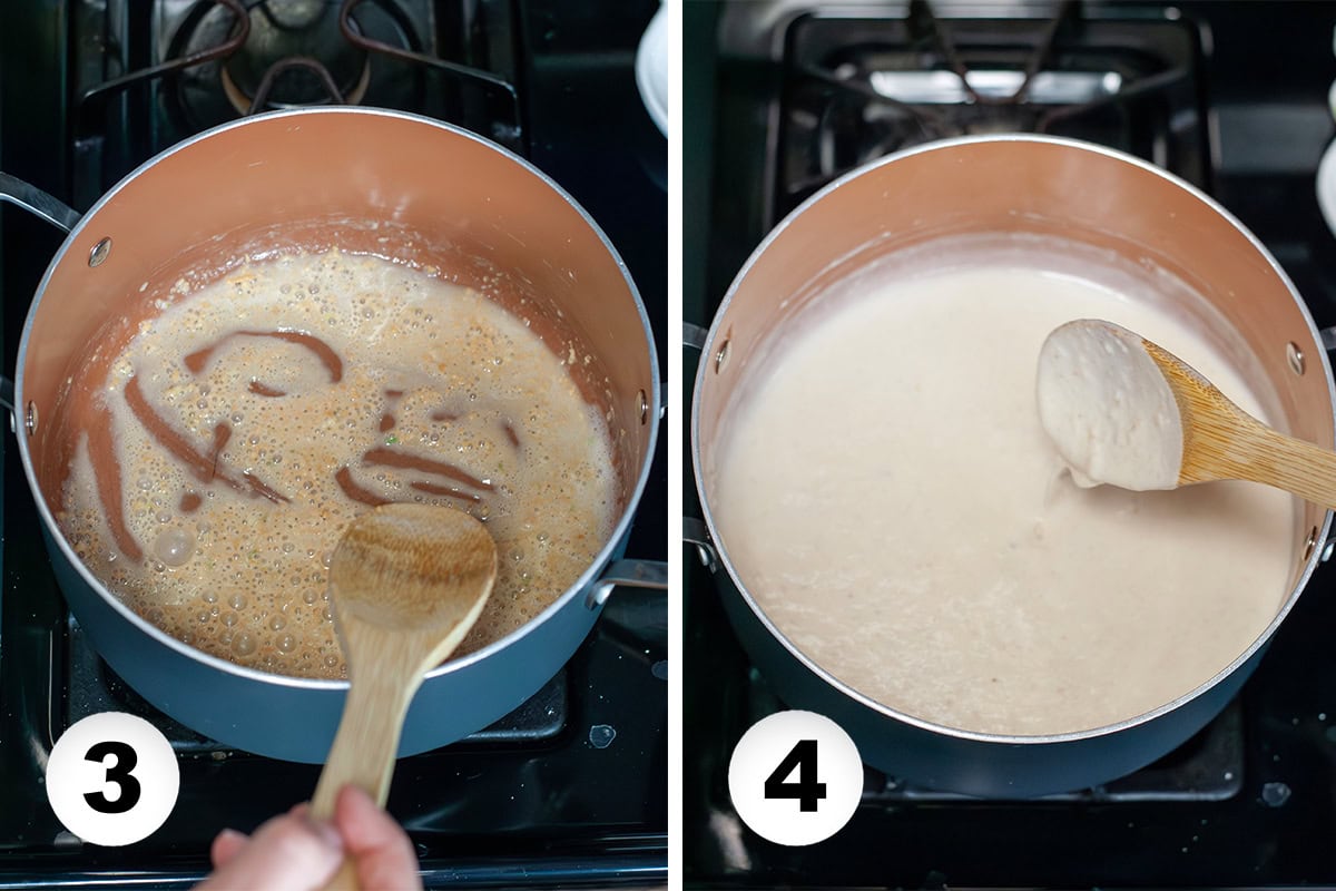 Garlic and butter melting in a pot to make a roux.