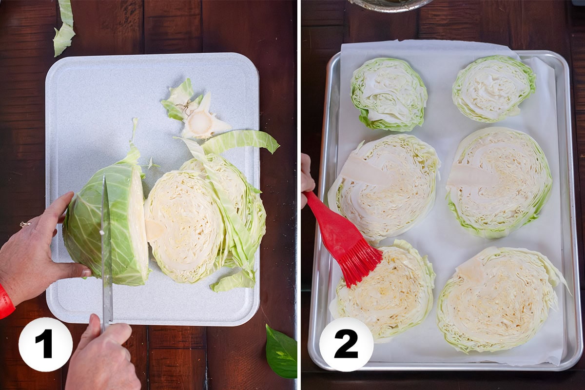 Cabbage being cut into cabbage steaks and put on a baking sheet.