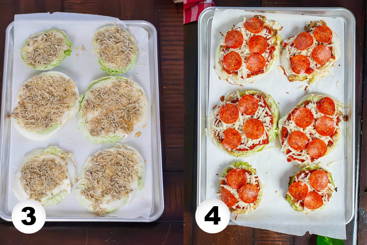 A baking sheet with cabbage steaks topped with marinara, cheese and pepperonis.