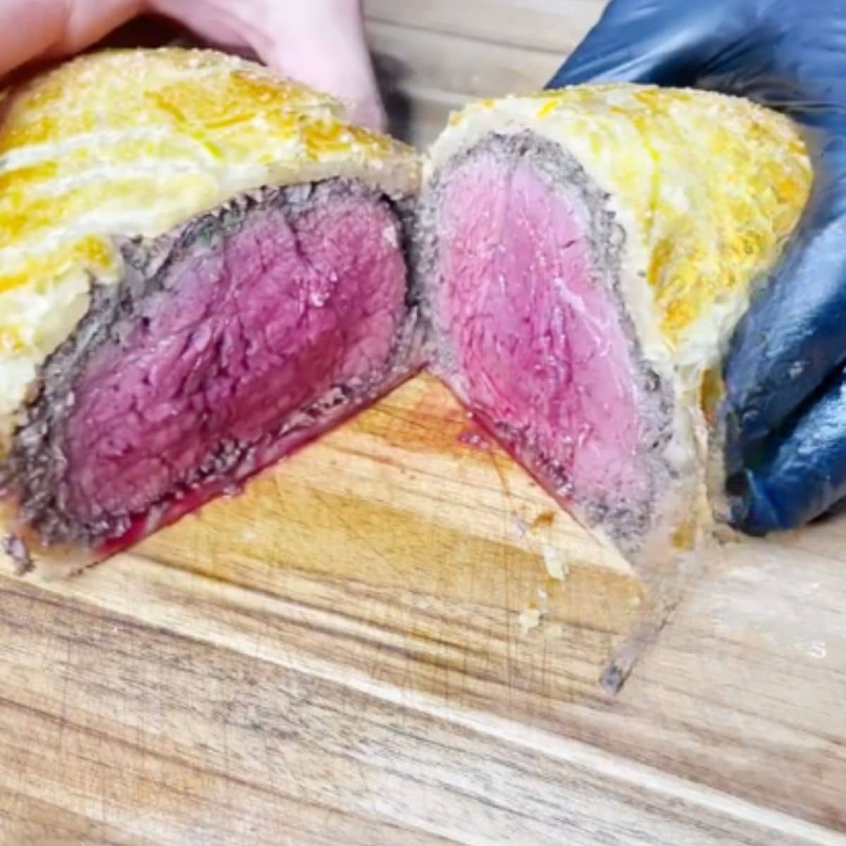 Beef Wellington cut in half.