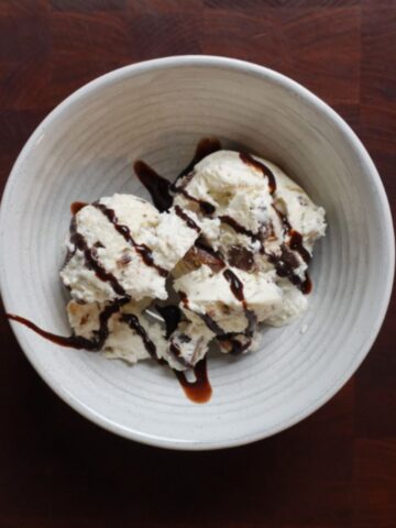 A bowl of moose tracks ice cream.