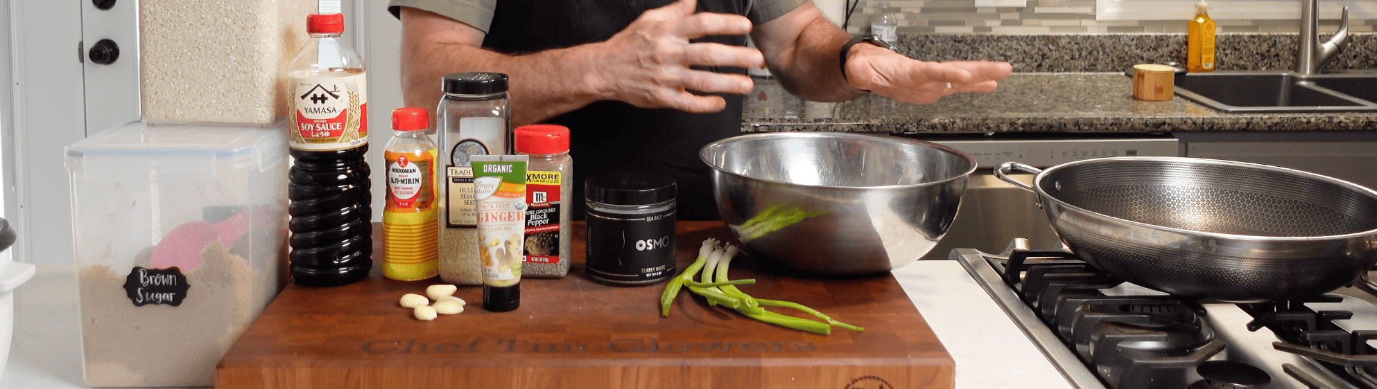 Prepping ingredients and equipment for cooking.