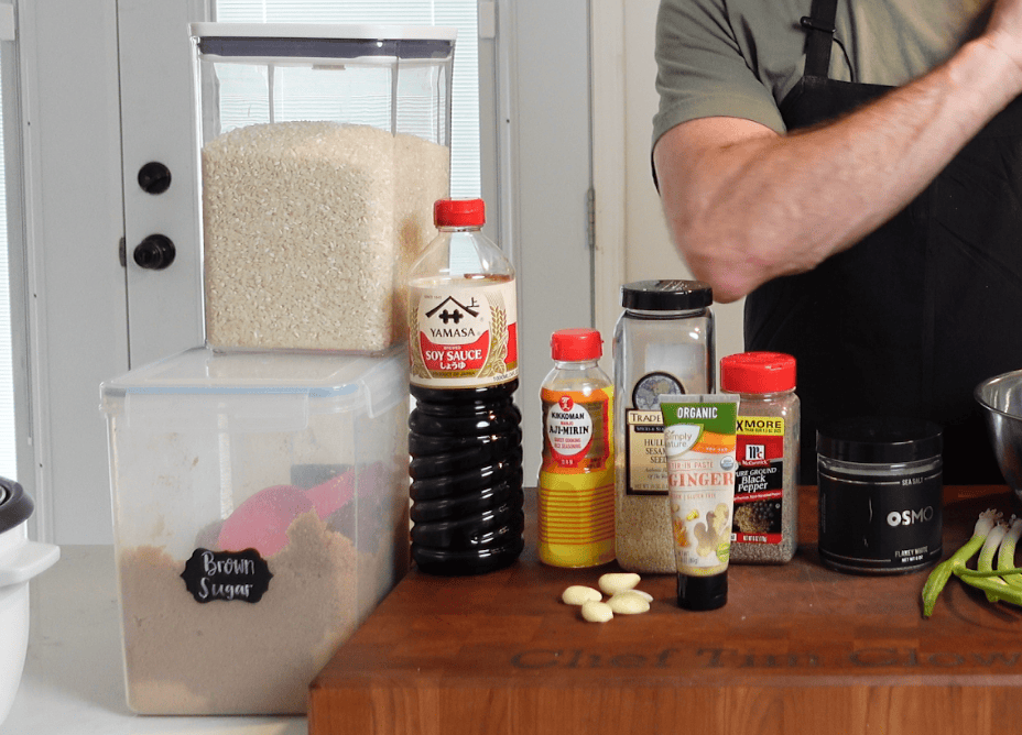 Ingredients being prepped for Teriyaki Chicken.