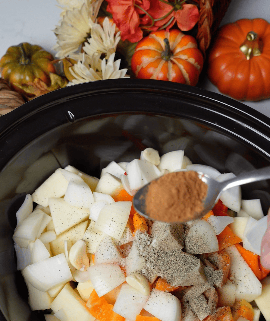 Seasonings going into pumpkin soup in the crock pot.