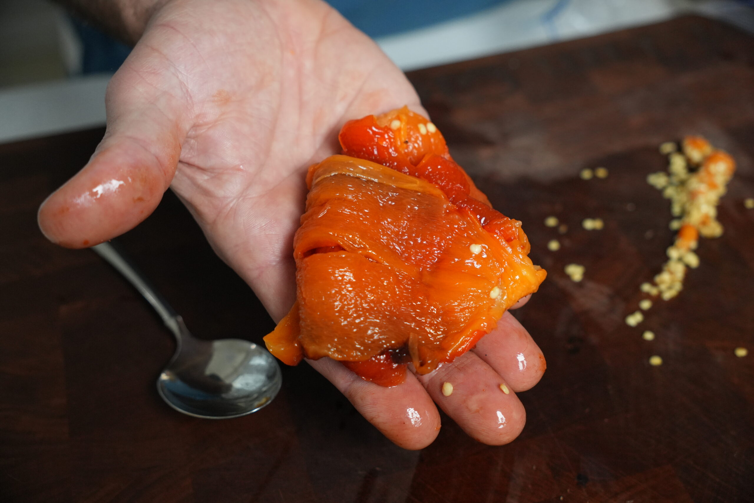 Roasted red pepper with seeds.