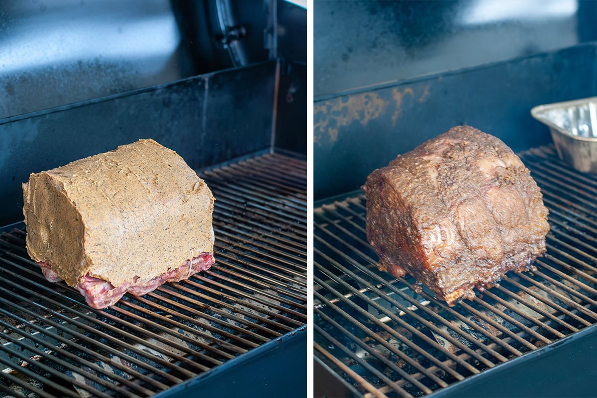 A rib roast on a smoker with a butter cap cooking on low heat.