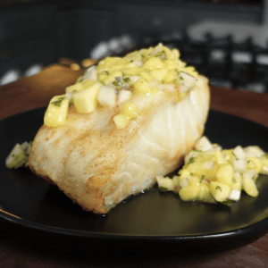 Sea bass with mango salsa.