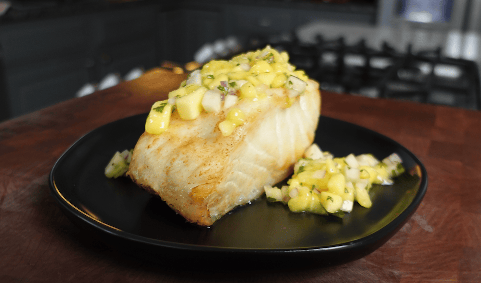 Sea bass with mango salsa.