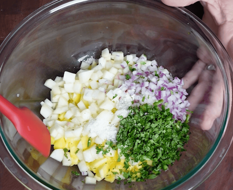 Chopped ingredients for mango salsa.