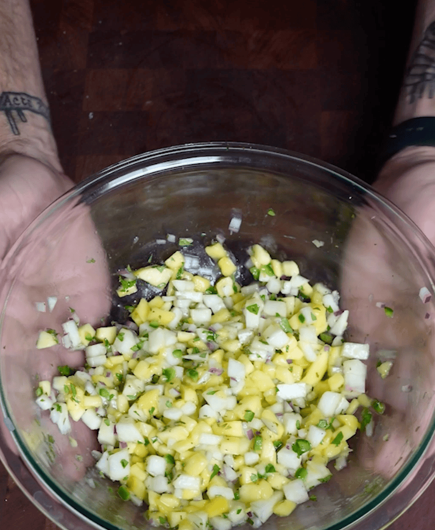 Mango salsa in a bowl.