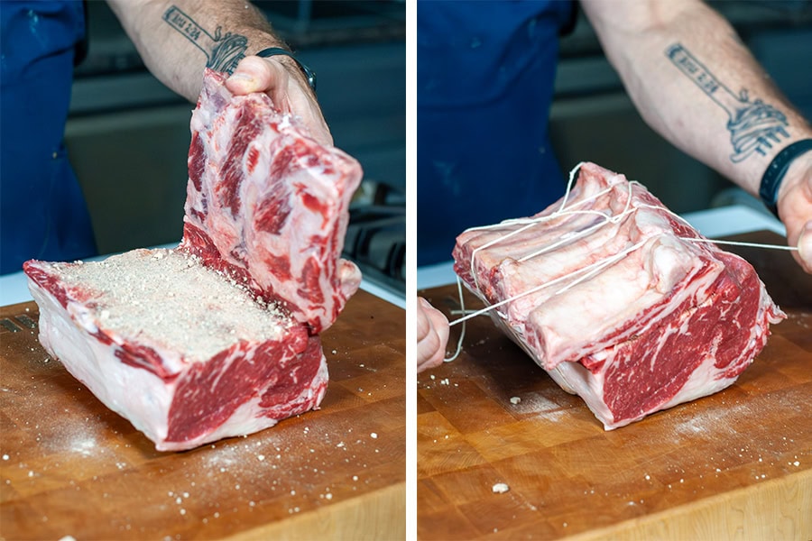 Tying a rib roast with butchers twine.