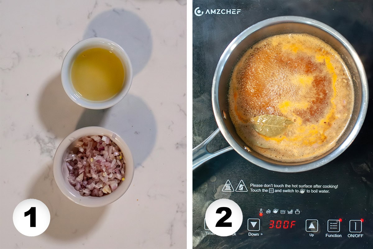 Diced onions next to a pot of sauce being cooked down.