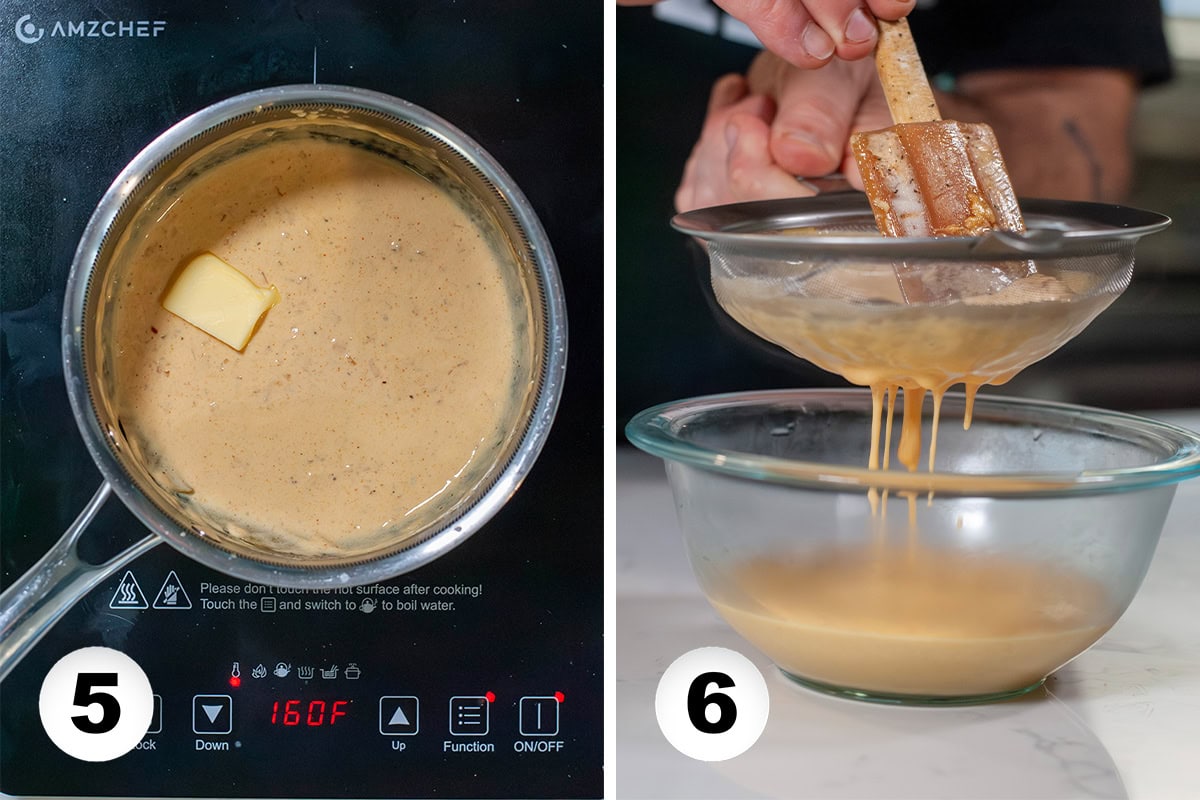 Melting butter in a skillet and then straining liquid.