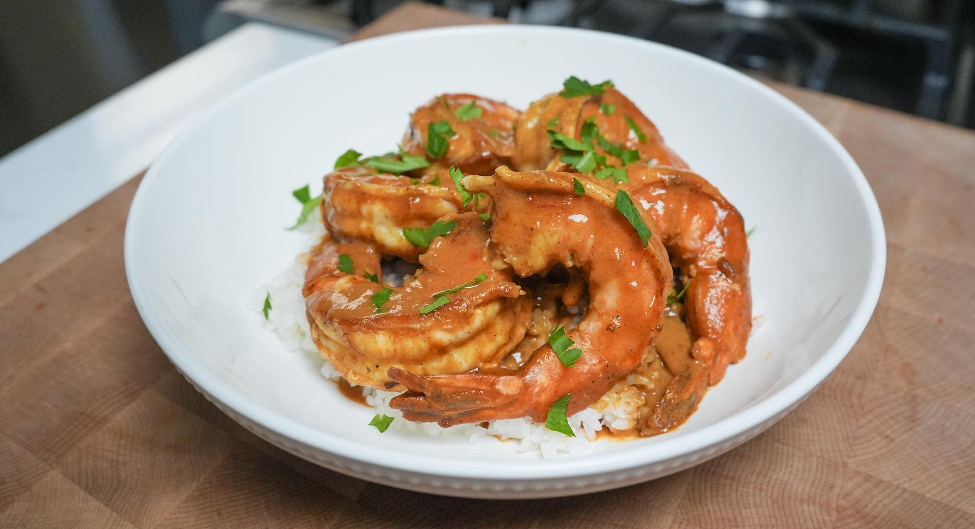 Shrimp with Roasted red pepper sauce.