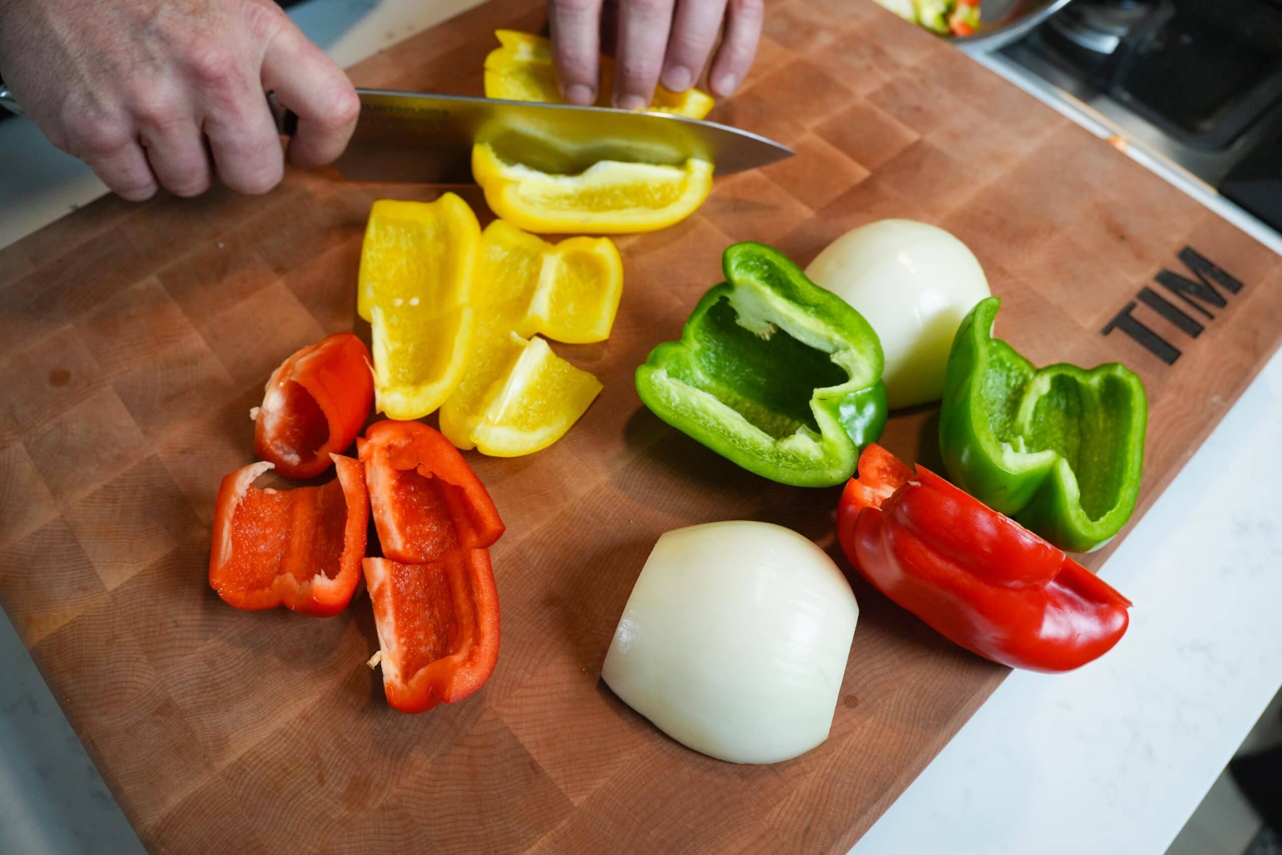 Sliced bell peppers and onion.
