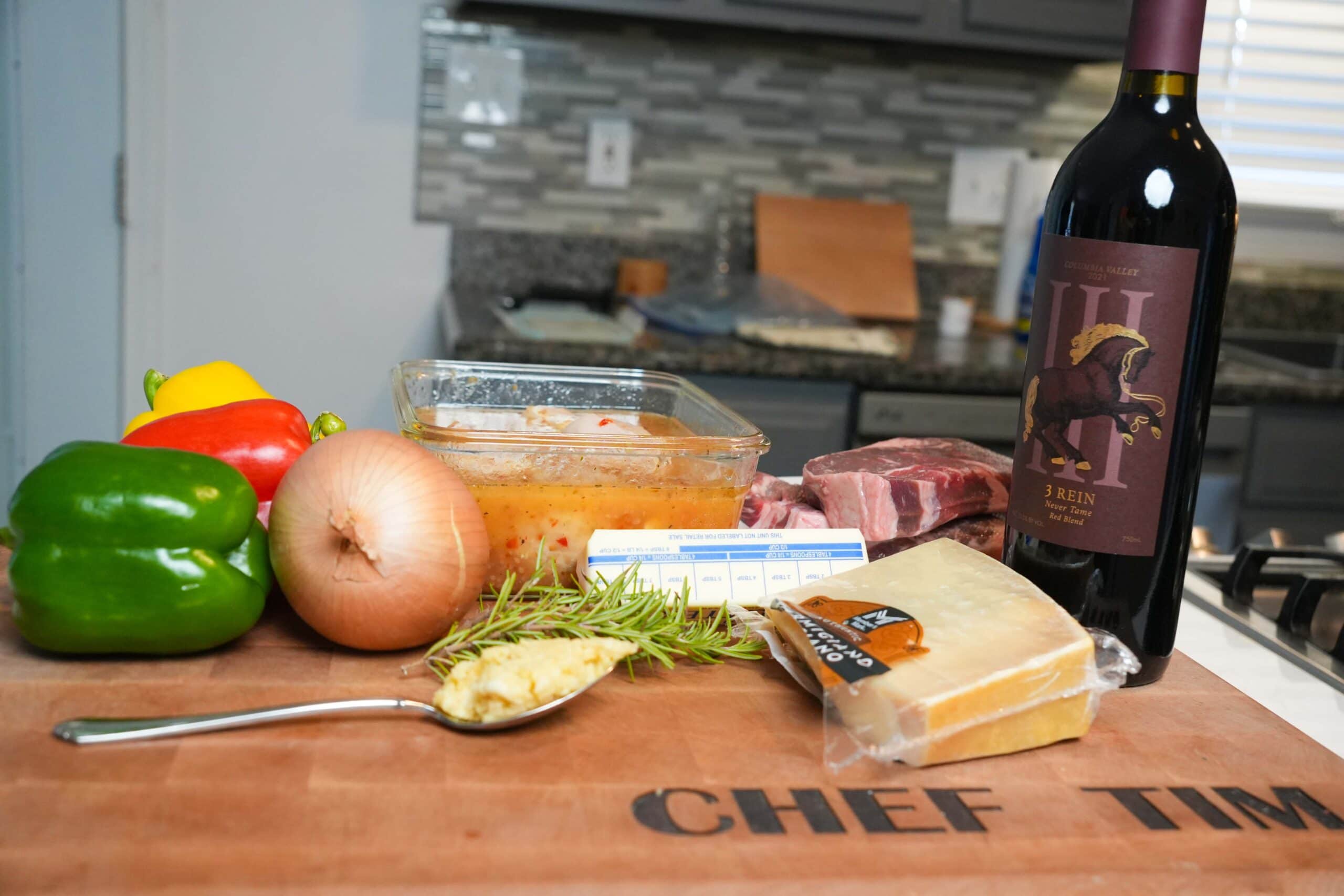 Ingredients for steak and chicken skewers.