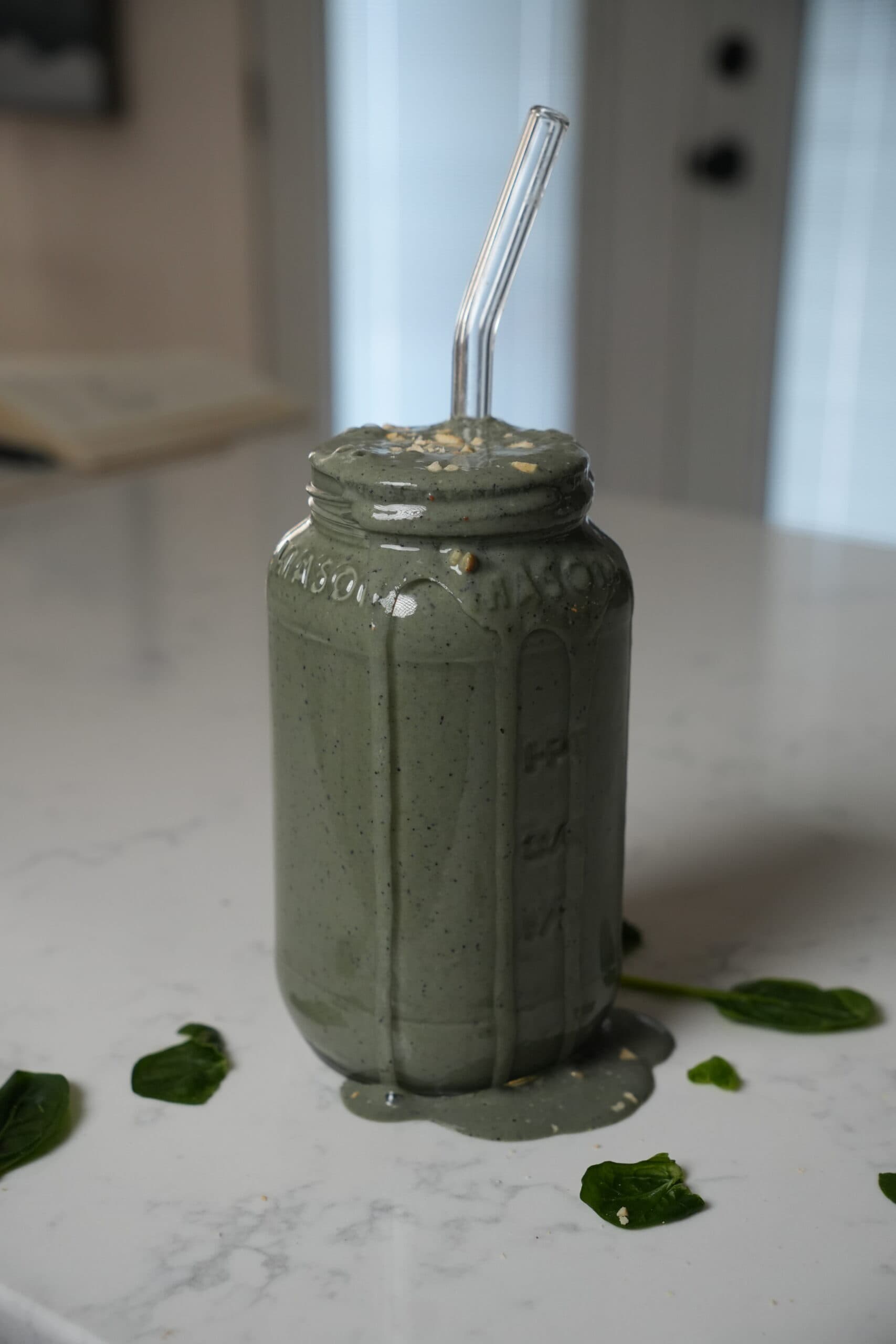 Protein shake on counter.