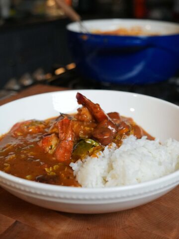 Shrimp and sausage gumbo over rice.