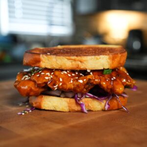Fried orange chicken sandwich.