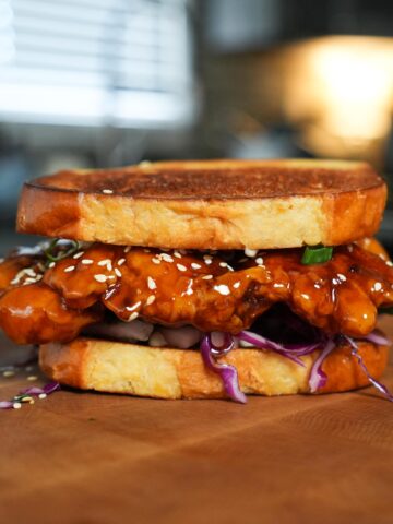 Fried orange chicken sandwich.