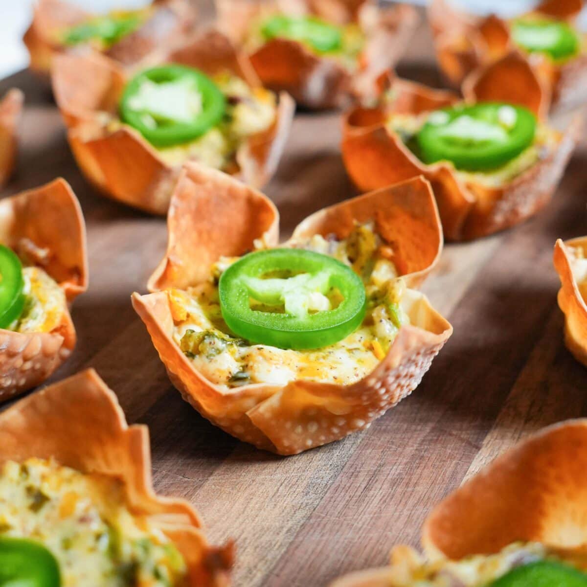 Jalapeno wontons topped with a jalapeño.