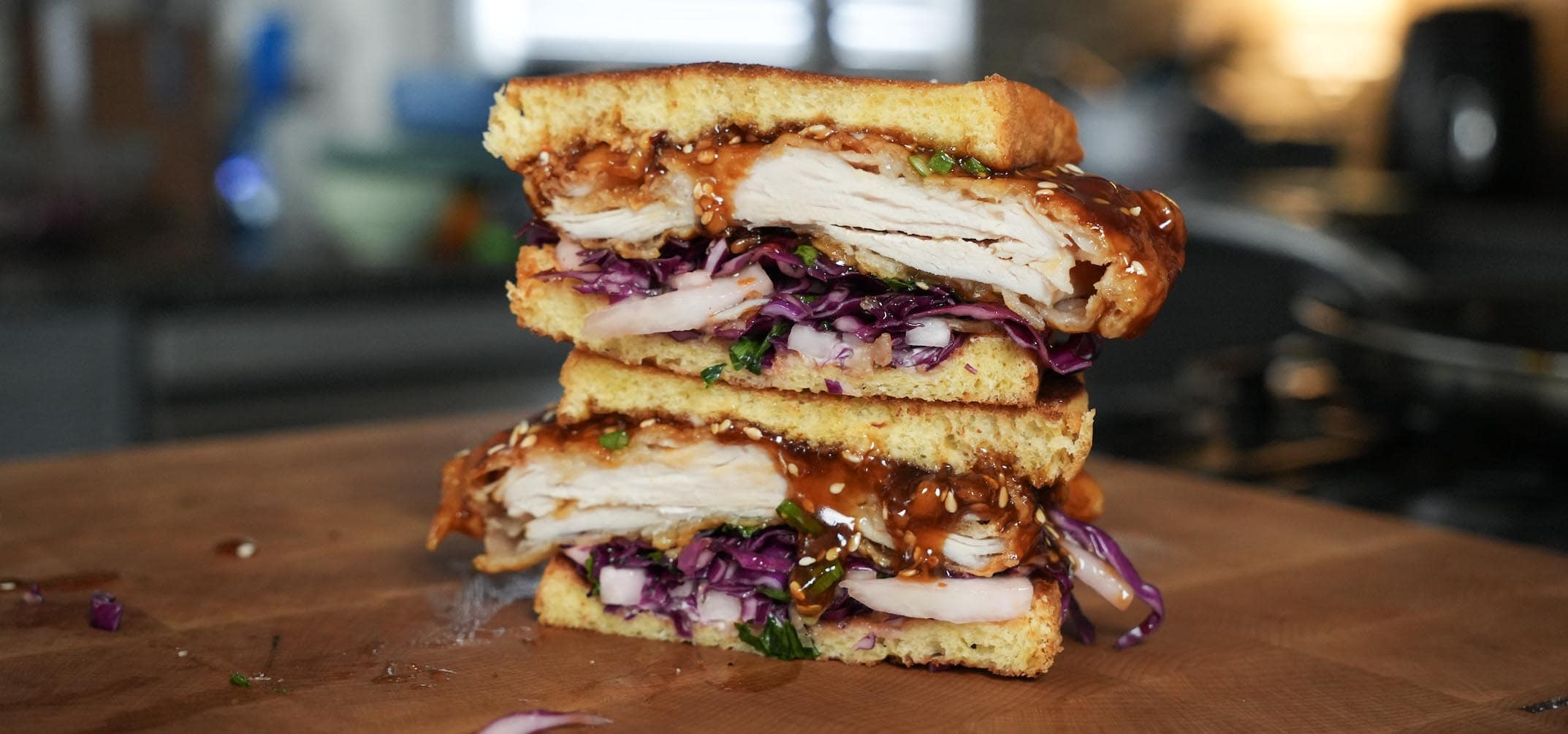 Orange chicken sandwich stacked.