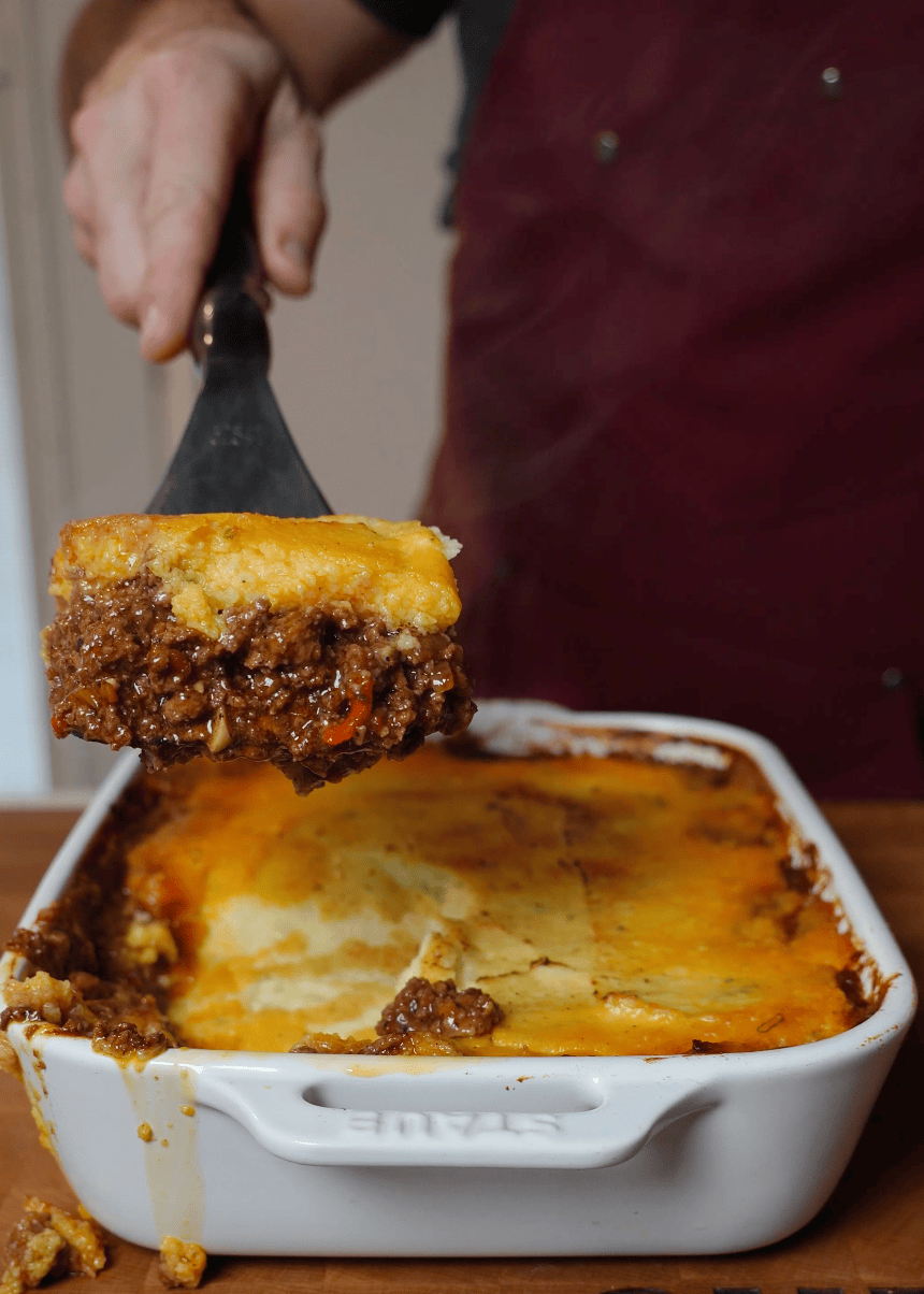 Shepherds Pie on a spatula.